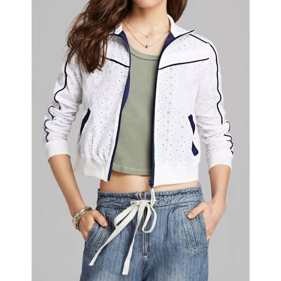 Free People Women Sz S White/Navy Trim Embroidered Eyelet Full Zip Track Jacket - Picture 8 of 9